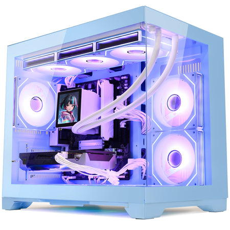 Hoengager Gaming PC RGB Color Front view auto RGB by software blue case GeForce RTX 5060 Ti 16GB AMD Ryzen 7 9800X3D Software Control RGB AIO LCD Cooler with Custom Images & GIFs