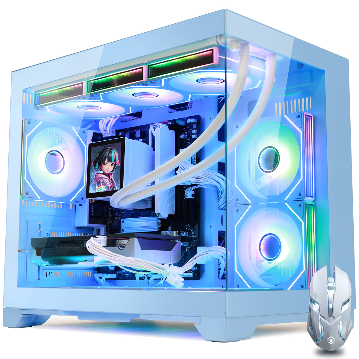 Hoengager Gaming PC RGB Color Side view auto RGB by software blue case GeForce RTX 5070 12GB AMD Ryzen 7 9800X3D Software Control RGB AIO LCD Cooler with Custom Images & GIFs