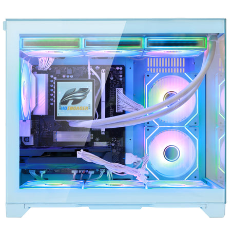 Hoengager Gaming PC RGB High-angle shot auto RGB by software blue case GeForce RTX 5070 12GB AMD Ryzen 7 9800X3D Software Control RGB AIO LCD Cooler with Custom Images & GIFs