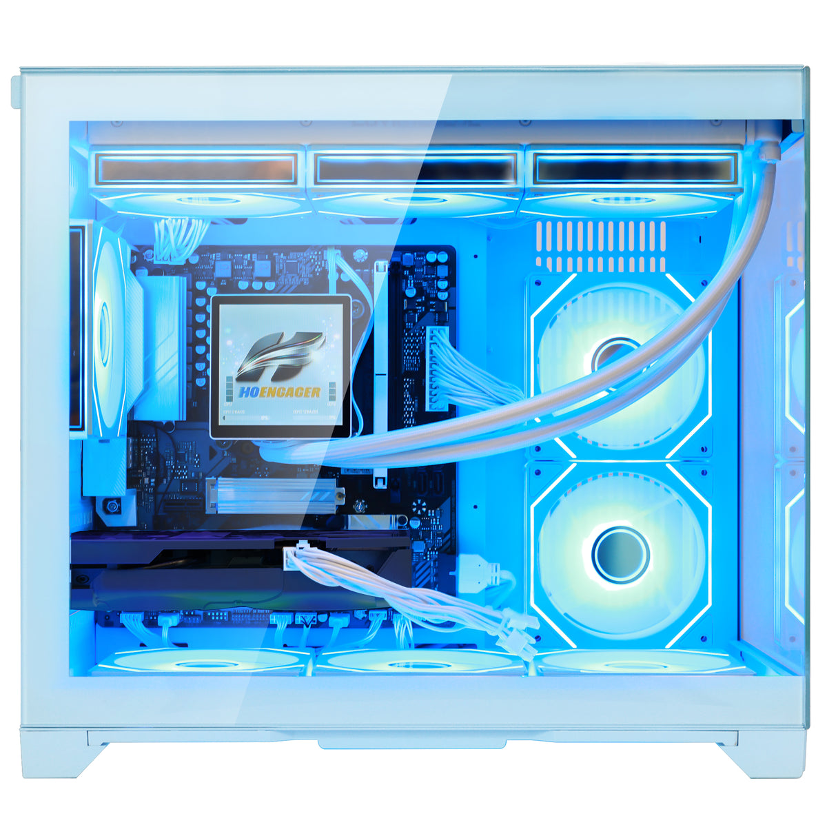 Hoengager Gaming PC RGB back ports, USB, Video ports blue case GeForce RTX 5070 12GB AMD Ryzen 7 9800X3D Software Control RGB AIO LCD Cooler with Custom Images & GIFs