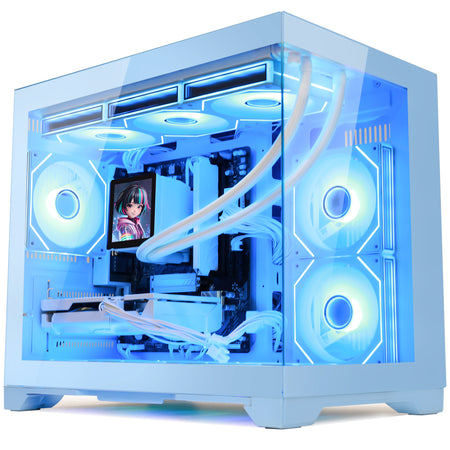 Hoengager Gaming PC RGB Color Front view auto RGB by software blue case Radeon RX 9070 16GB AMD Ryzen 5 9600X Software Control RGB AIO LCD Cooler with Custom Images & GIFs