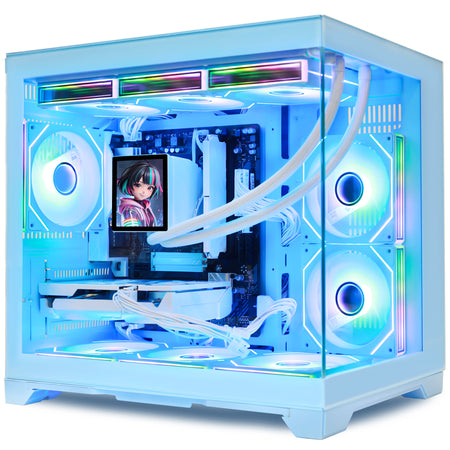 Hoengager Gaming PC RGB Color Front view auto RGB by software blue case GeForce RTX 5060 8GB AMD Ryzen 7 9700X Software Control RGB AIO LCD Cooler with Custom Images & GIFs