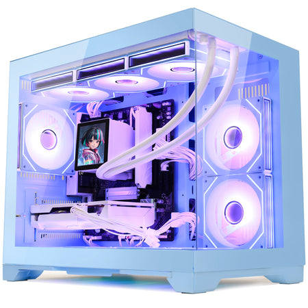 Hoengager Gaming PC RGB Color Front view auto RGB by software blue case GeForce RTX 5060 8GB AMD Ryzen 7 9700X Software Control RGB AIO LCD Cooler with Custom Images & GIFs