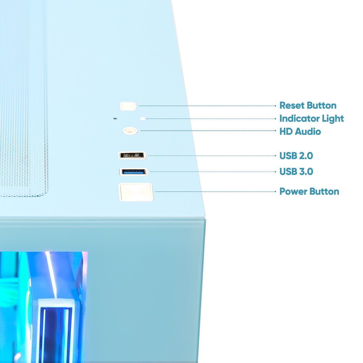Hoengager Gaming PC front power button, USB ports, Audio port, indicator lights, reset button, blue case GeForce RTX 5070 Ti 16GB AMD Ryzen 7 9700X Software Control RGB AIO LCD Cooler with Custom Images & GIFs