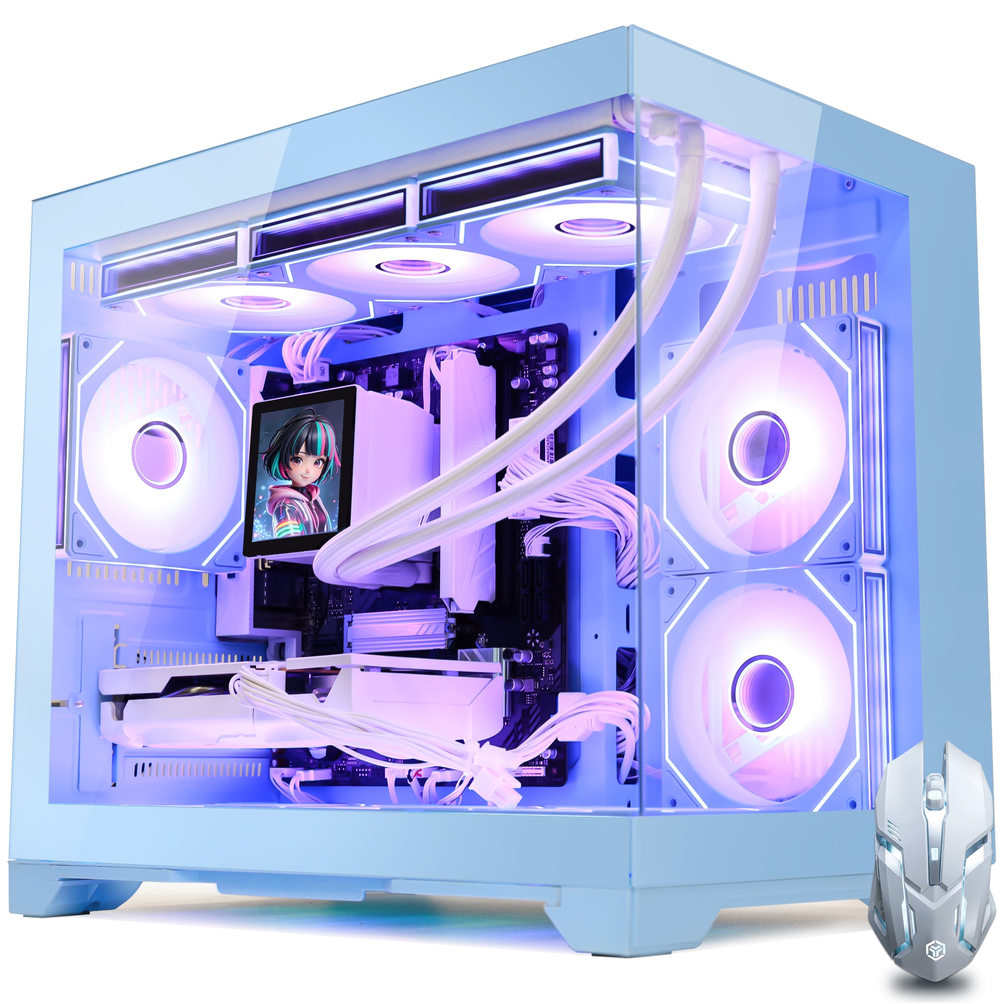 Hoengager Gaming PC RGB Color Front view auto RGB by software with white mouse blue case Radeon RX 9060 XT 16GB AMD Ryzen 7 9700X Software Control RGB AIO LCD Cooler with Custom Images & GIFs