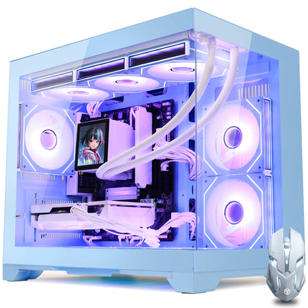 Hoengager Gaming PC RGB Color Front view auto RGB by software with white mouse blue case Radeon RX 9060 XT 16GB AMD Ryzen 7 9700X Software Control RGB AIO LCD Cooler with Custom Images & GIFs