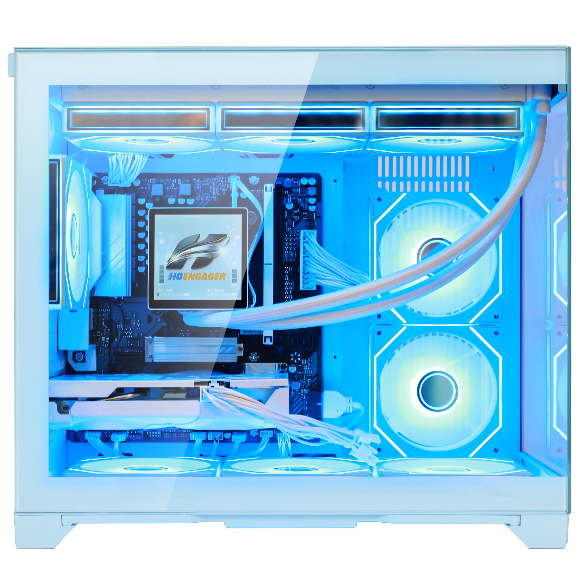 Hoengager Gaming PC RGB Color Straight Front view auto RGB by software blue case Radeon RX 9060 XT 16GB AMD Ryzen 7 9700X Software Control RGB AIO LCD Cooler with Custom Images & GIFs