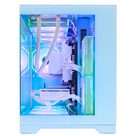 Hoengager Gaming PC RGB Color Side view auto RGB by software blue case Radeon RX 9060 XT 16GB AMD Ryzen 7 9700X Software Control RGB AIO LCD Cooler with Custom Images & GIFs