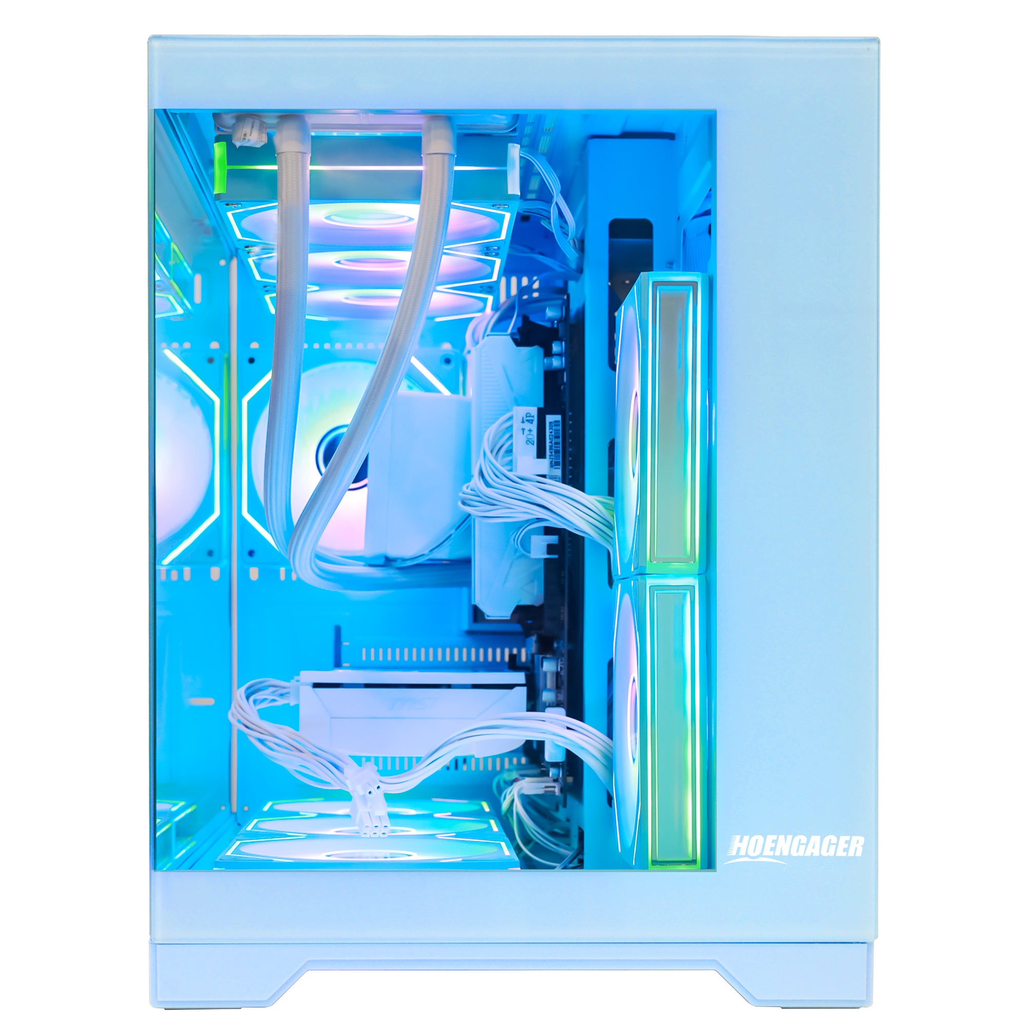 Hoengager Gaming PC RGB Color Side view auto RGB by software blue case Radeon RX 9060 XT 16GB AMD Ryzen 7 9700X Software Control RGB AIO LCD Cooler with Custom Images & GIFs
