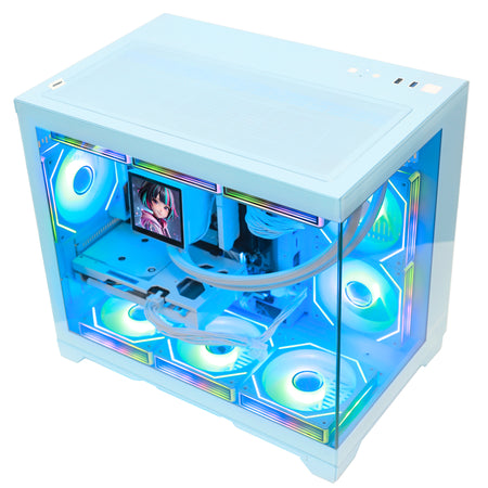 Hoengager Gaming PC RGB High-angle shot auto RGB by software blue case Radeon RX 9060 XT 16GB AMD Ryzen 7 9700X Software Control RGB AIO LCD Cooler with Custom Images & GIFs