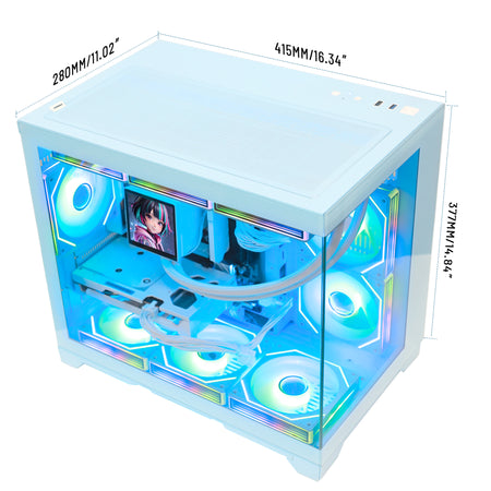 Hoengager Gaming PC RGB High-angle shot with dimensions Radeon RX 9060 XT 16GB AMD Ryzen 7 9700X Software Control RGB AIO LCD Cooler with Custom Images & GIFs