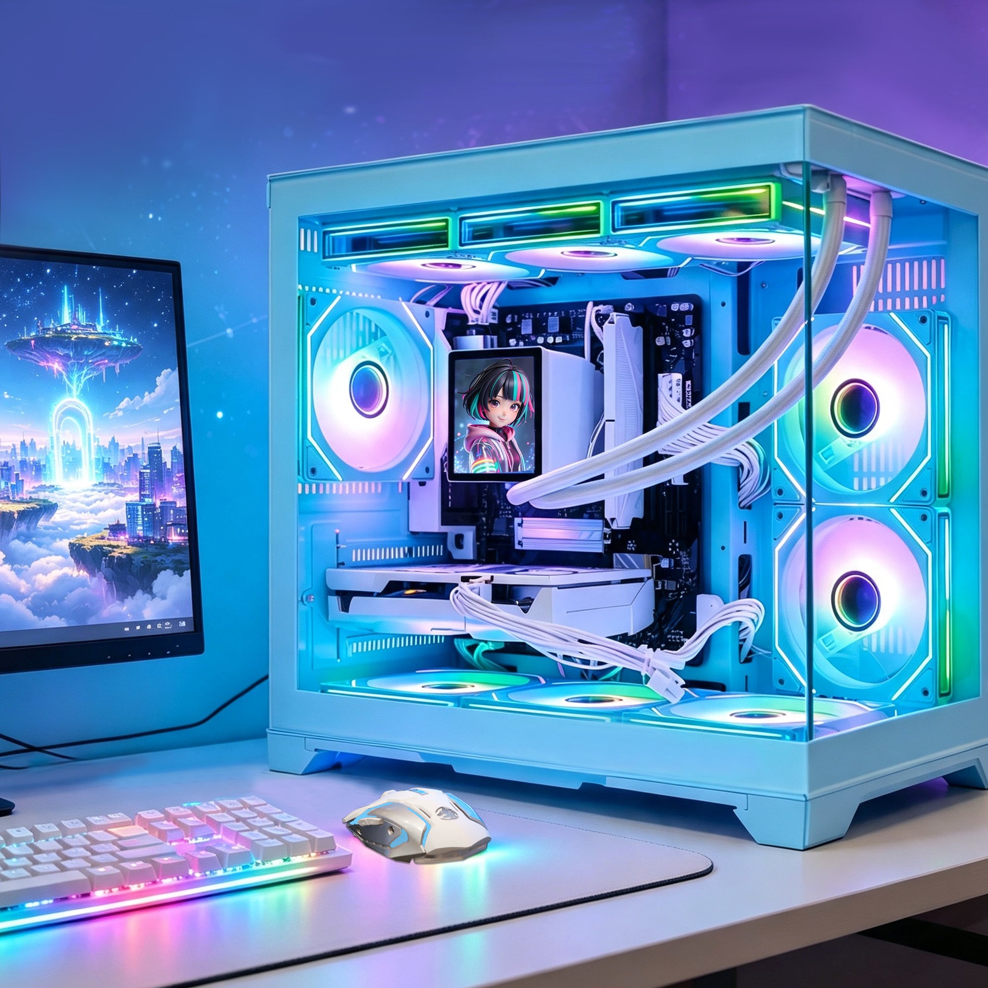 Hoengager Gaming PC on desktop application scenario photo Radeon RX 9060 XT 16GB AMD Ryzen 7 9700X Software Control RGB AIO LCD Cooler with Custom Images & GIFs