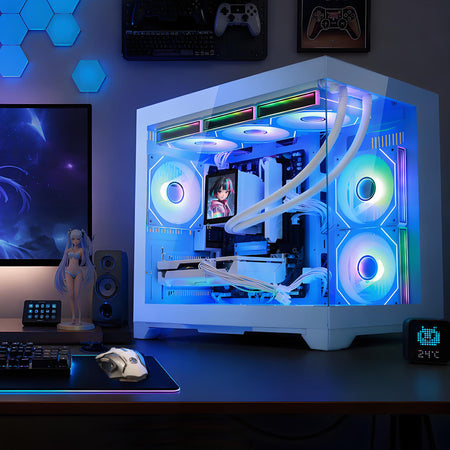 Hoengager Gaming PC on desktop application scenario photo Radeon RX 9060 XT 16GB AMD Ryzen 7 9700X Software Control RGB AIO LCD Cooler with Custom Images & GIFs