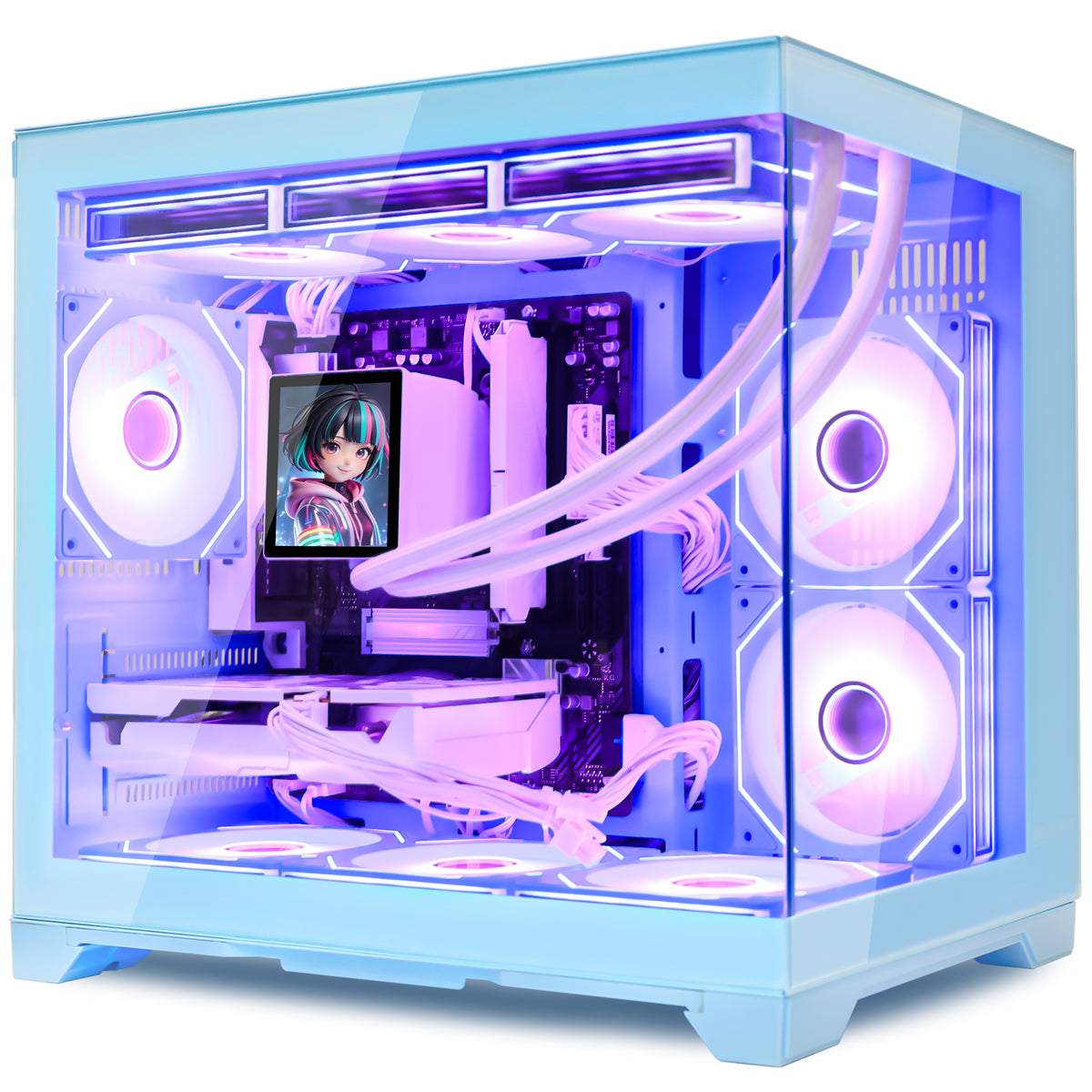 Hoengager Gaming PC RGB Color Front view auto RGB by software blue case Radeon RX 9070 16GB AMD Ryzen 7 9700X Software Control RGB AIO LCD Cooler with Custom Images & GIFs