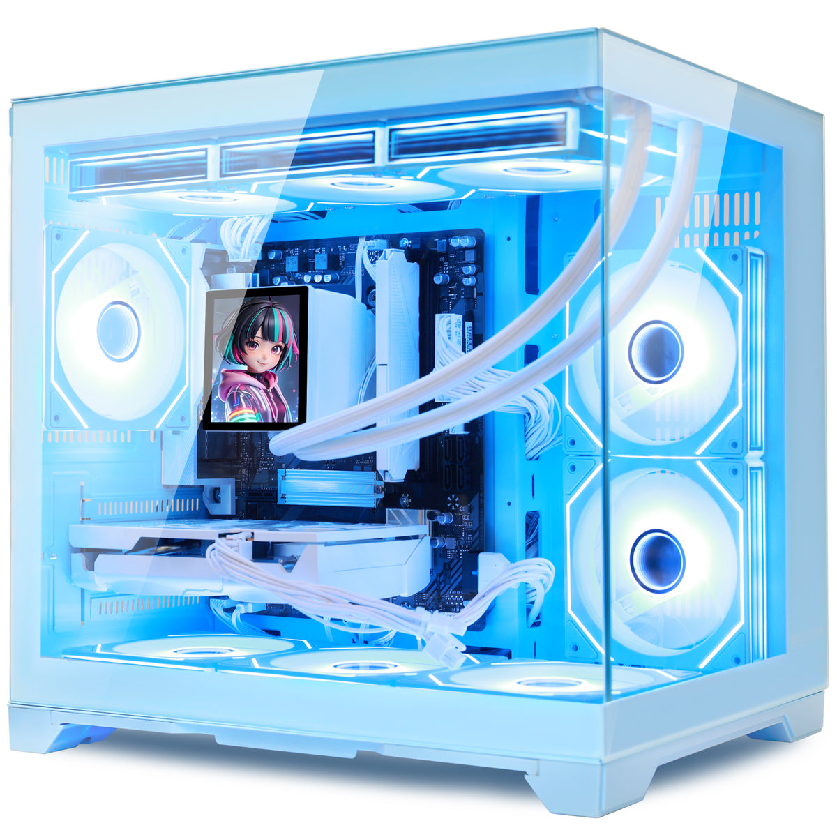 Hoengager Gaming PC RGB Color Front view auto RGB by software blue case Radeon RX 9070 16GB AMD Ryzen 7 9700X Software Control RGB AIO LCD Cooler with Custom Images & GIFs