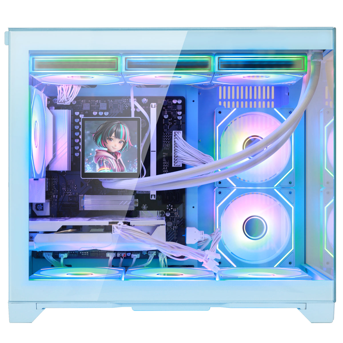 Hoengager Gaming PC RGB Color Straight Front view auto RGB by software blue case Radeon RX 9070 16GB AMD Ryzen 7 9700X Software Control RGB AIO LCD Cooler with Custom Images & GIFs