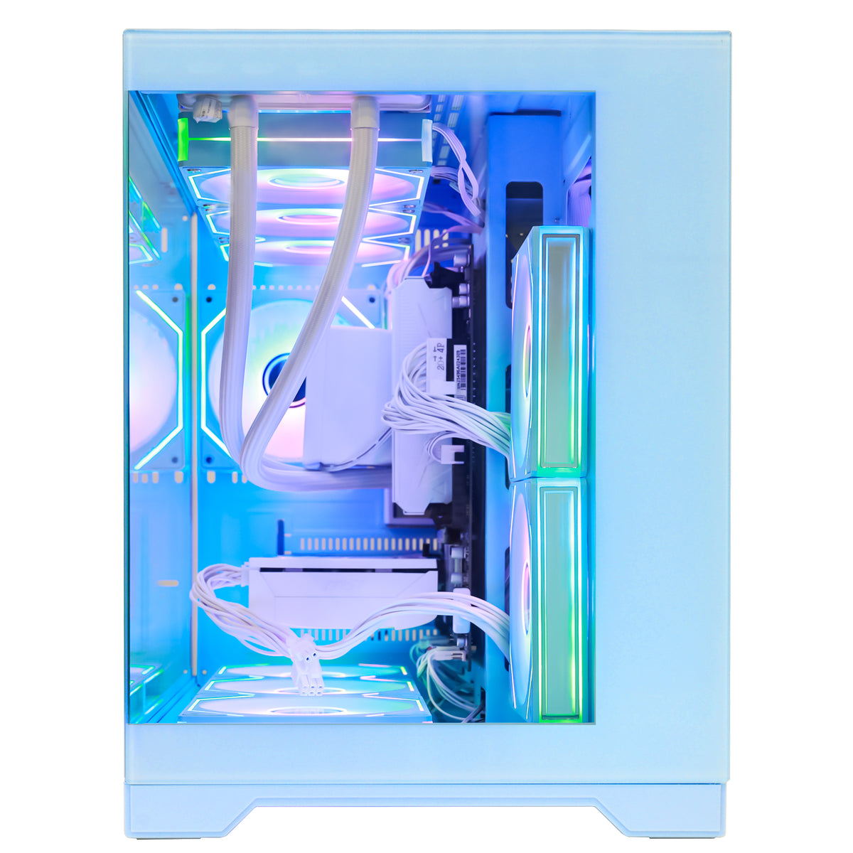 Hoengager Gaming PC RGB Color Side view auto RGB by software blue case Radeon RX 9070 16GB AMD Ryzen 7 9700X Software Control RGB AIO LCD Cooler with Custom Images & GIFs
