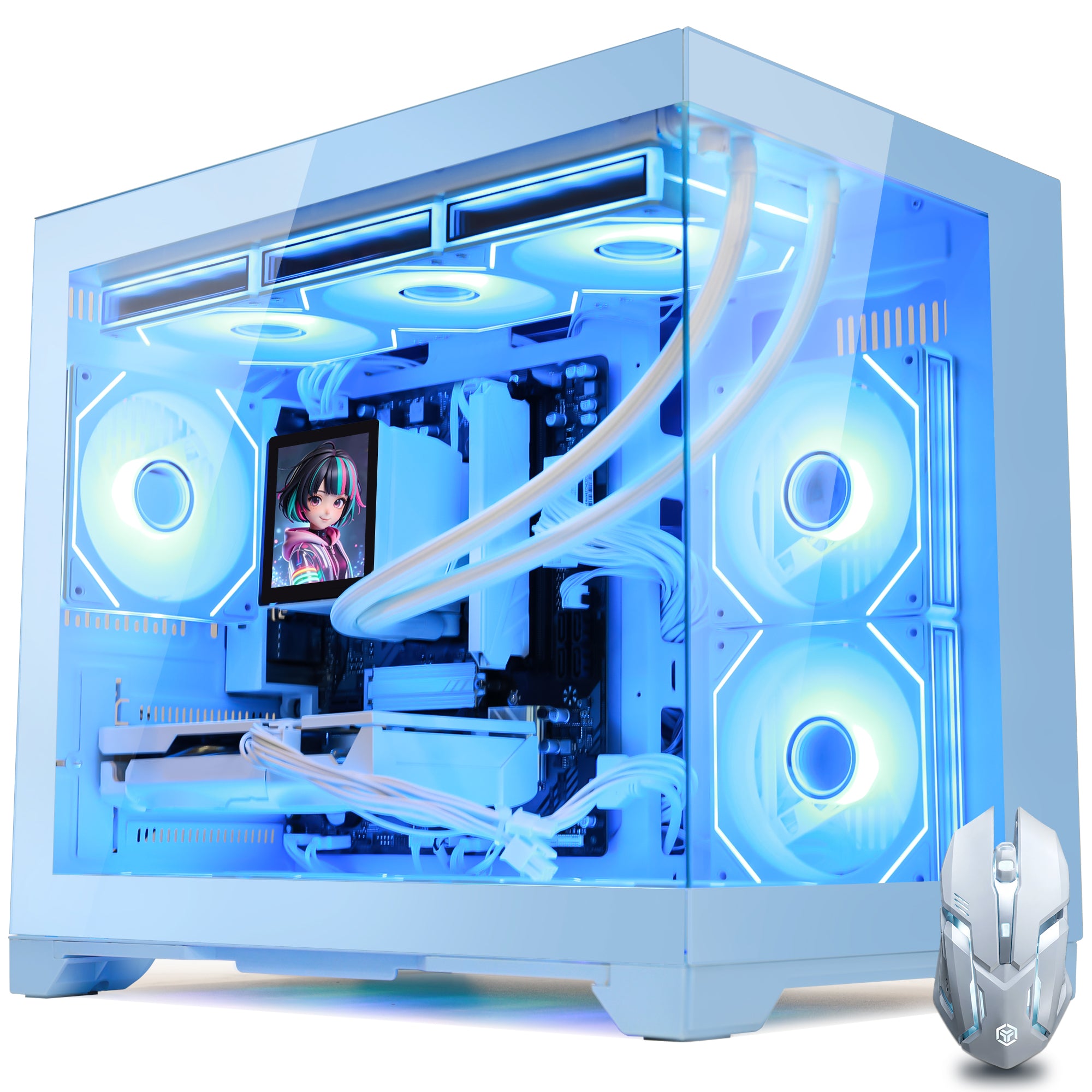 Hoengager Gaming PC RGB Color Front view auto RGB by software with white mouse blue case Radeon RX 9070 XT 16GB AMD Ryzen 7 9700X Software Control RGB AIO LCD Cooler with Custom Images & GIFs