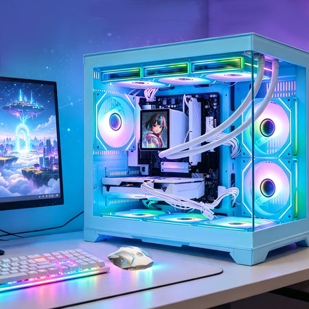 Hoengager Gaming PC on desktop application scenario photo Radeon RX 9070 XT 16GB AMD Ryzen 7 9700X Software Control RGB AIO LCD Cooler with Custom Images & GIFs