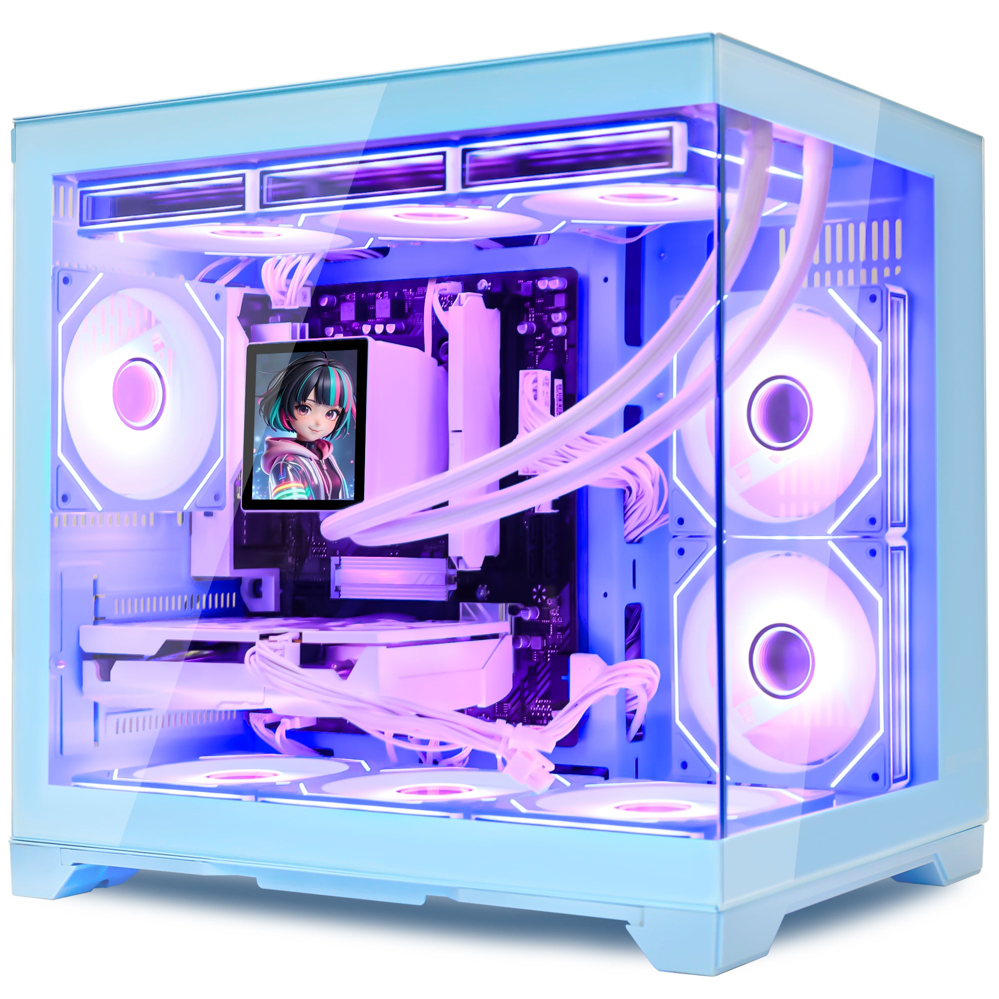 Hoengager Gaming PC RGB Color Front view auto RGB by software blue case GeForce RTX 5060 8GB AMD Ryzen 7 9800X3D Software Control RGB AIO LCD Cooler with Custom Images & GIFs