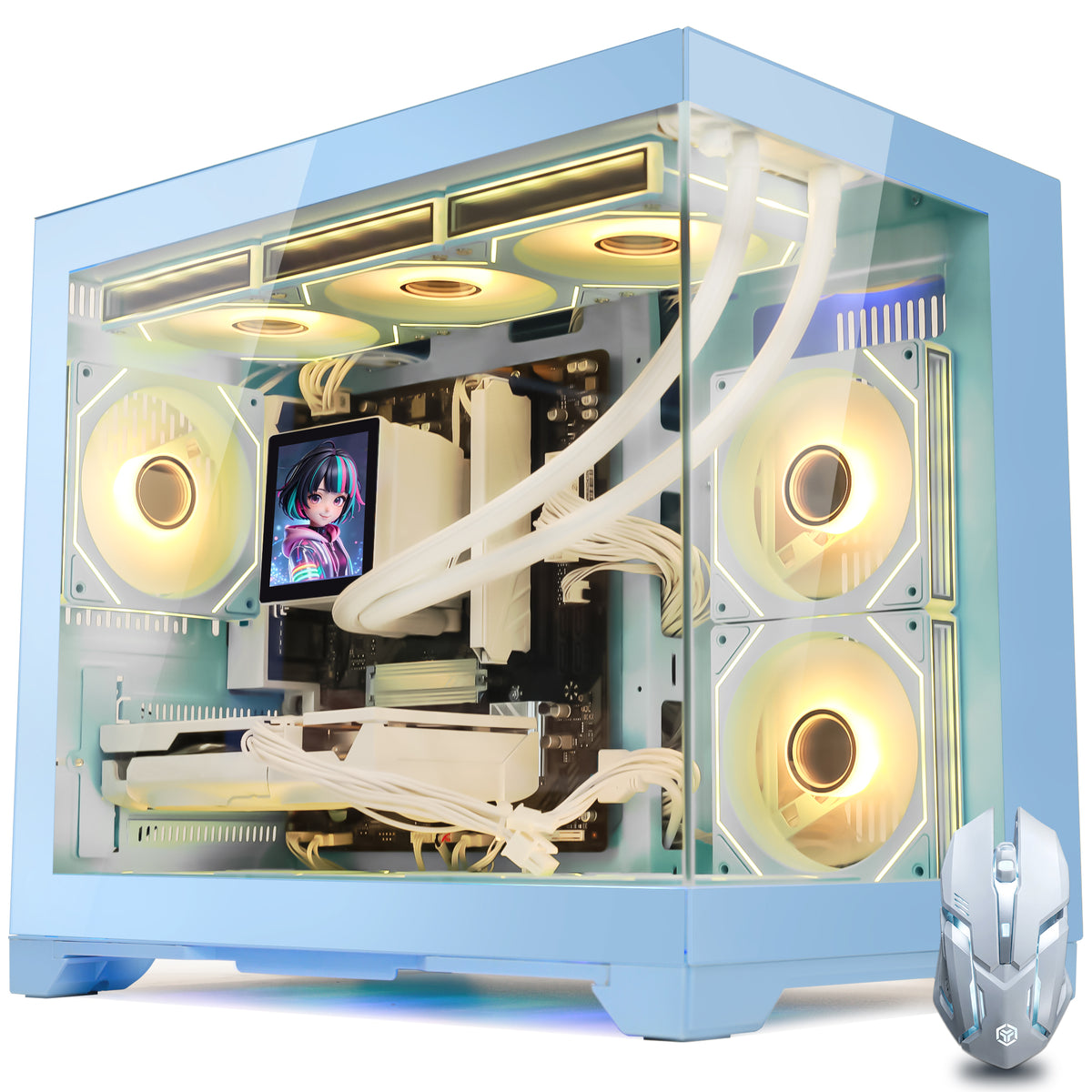 Hoengager Gaming PC RGB Color Front view auto RGB by software with white mouse blue case GeForce RTX 5060 8GB AMD Ryzen 7 9800X3D Software Control RGB AIO LCD Cooler with Custom Images & GIFs