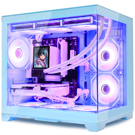 Hoengager Gaming PC RGB Color Front view auto RGB by software blue case GeForce RTX 5060 Ti 8GB AMD Ryzen 7 9800X3D Software Control RGB AIO LCD Cooler with Custom Images & GIFs