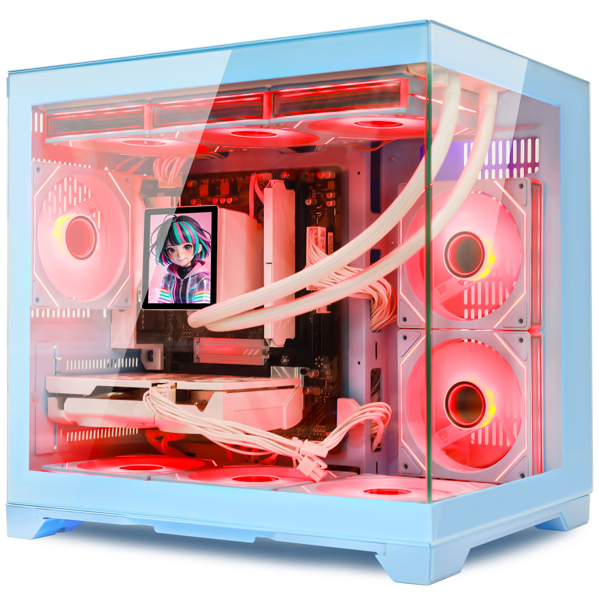 Hoengager Gaming PC RGB Color Front view auto RGB by software blue case Radeon RX 9070 16GB AMD Ryzen 7 9800X3D Software Control RGB AIO LCD Cooler with Custom Images & GIFs