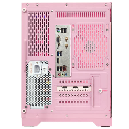 Rear panel view of Hoengager Macaron pink gaming PC showing motherboard I/O ports, GPU DisplayPort and HDMI outputs, power supply unit, and cooling vents for Ryzen 7800X3D and Radeon RX 9060 XT system.