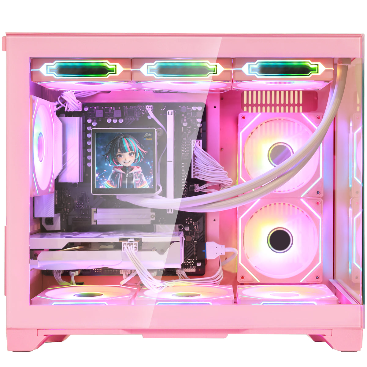 Close-up interior view of Hoengager Macaron pink gaming PC with Ryzen 9600X and Radeon RX 5060 Ti 8GB, showing bottom intake fans and anime LCD display.