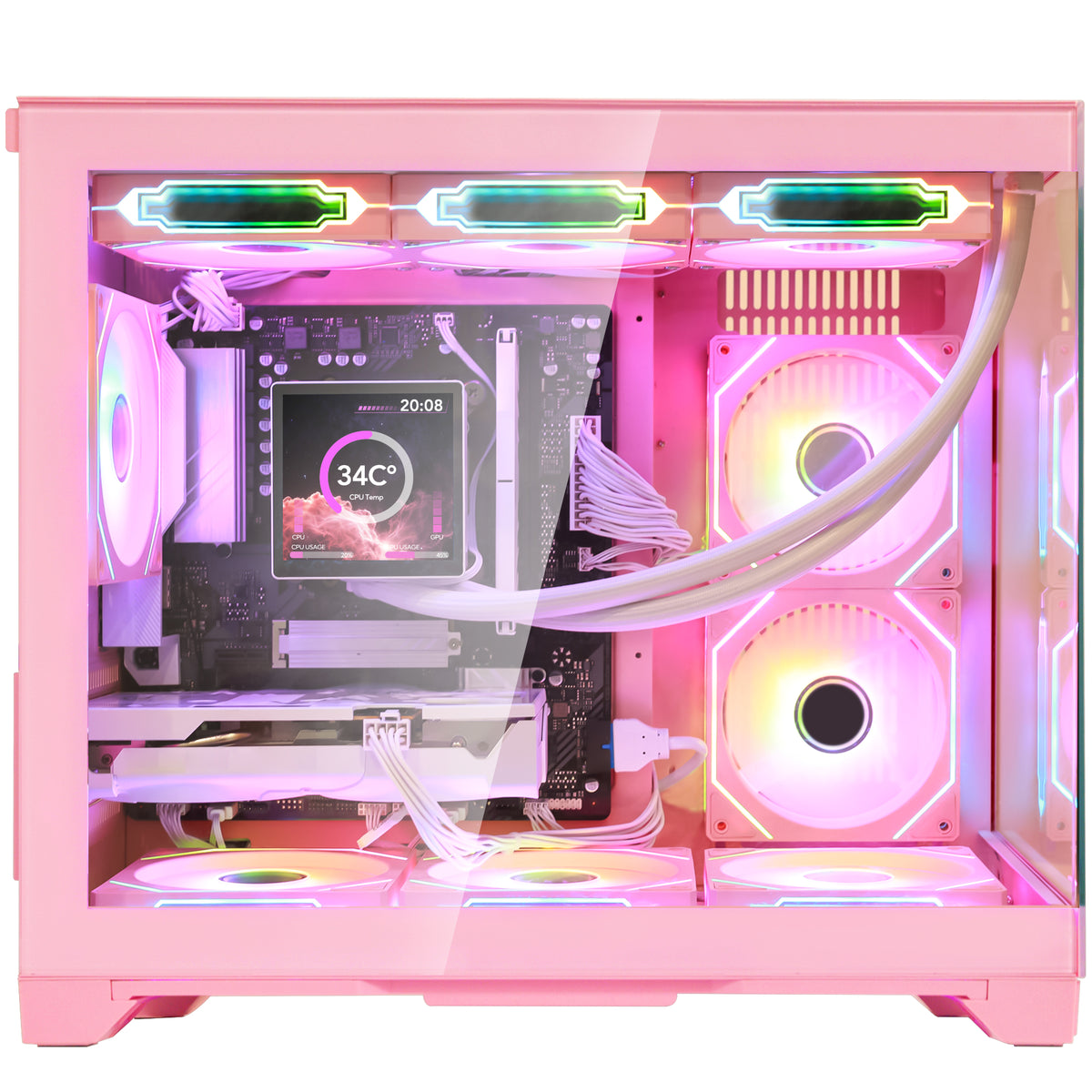 Internal hardware showcase of Hoengager Macaron gaming desktop computer featuring Ryzen 9600X, Radeon RX 5060 Ti 8GB, white components, and digital temperature monitor.