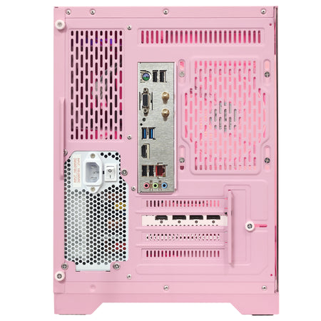 Rear panel view of Hoengager Macaron pink gaming PC showing motherboard I/O ports, GPU DisplayPort and HDMI outputs, power supply unit, and cooling vents for Ryzen 9600X and Radeon RX 5060 Ti 8GB system.