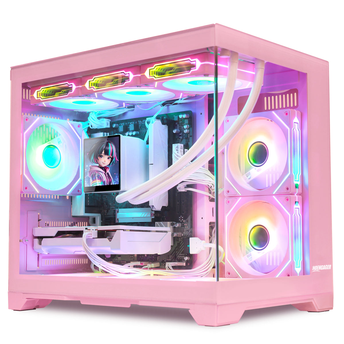 Hoengager Macaron gaming PC featuring Ryzen 9600X and Radeon RX 5070 TI 16GB, pink aesthetic chassis with rainbow ARGB fans and custom anime LCD CPU cooler display.