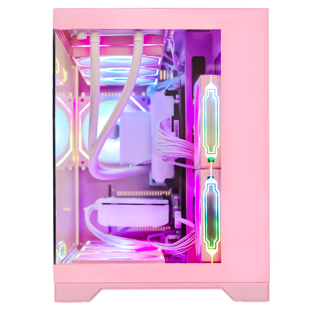 Side profile view of Hoengager Macaron pink gaming PC desktop computer with Ryzen 9600X CPU and Radeon RX 9070 GPU, showing internal cooling fans and ARGB side panel elements.