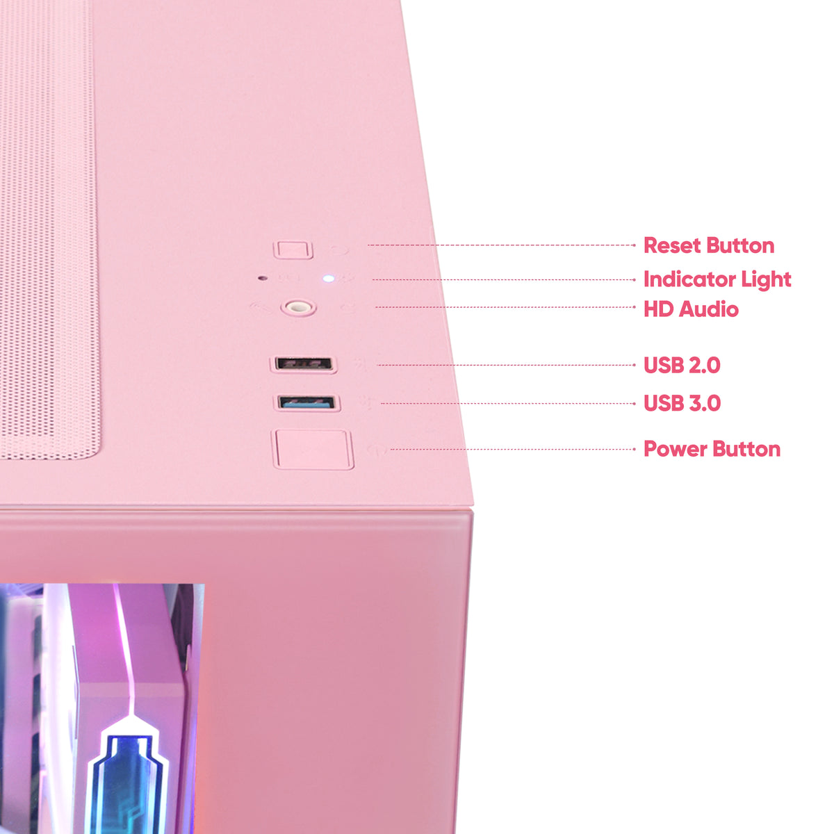 Top I/O panel diagram of Hoengager Macaron pink gaming desktop computer featuring reset button, indicator light, HD audio jack, USB 2.0 port, USB 3.0 port, and power button.