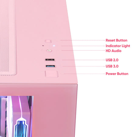 Top I/O panel diagram of Hoengager Macaron pink gaming desktop computer featuring reset button, indicator light, HD audio jack, USB 2.0 port, USB 3.0 port, and power button.
