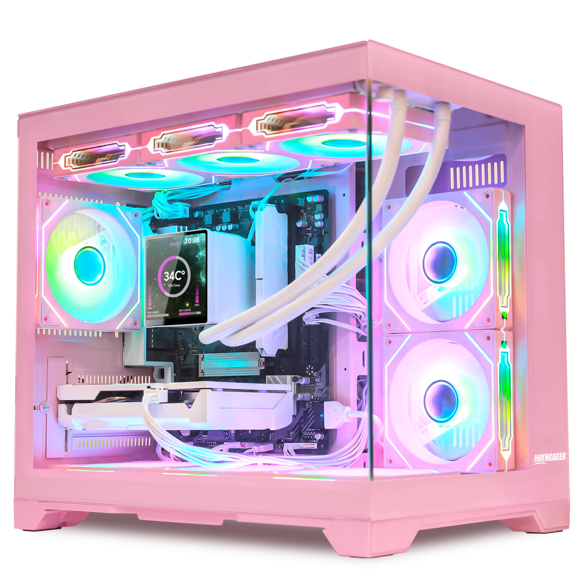 Hoengager Macaron gaming PC powered by Ryzen 9600X and Radeon RX 9070 XT, featuring pink chassis, white interior components, and cyan-pink gradient lighting.