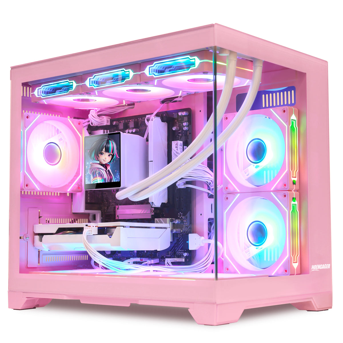 Hoengager Macaron gaming desktop computer in pink housing Ryzen 9600X and Radeon RX 9070 XT, showcasing bright interior lighting and clean white cable management.
