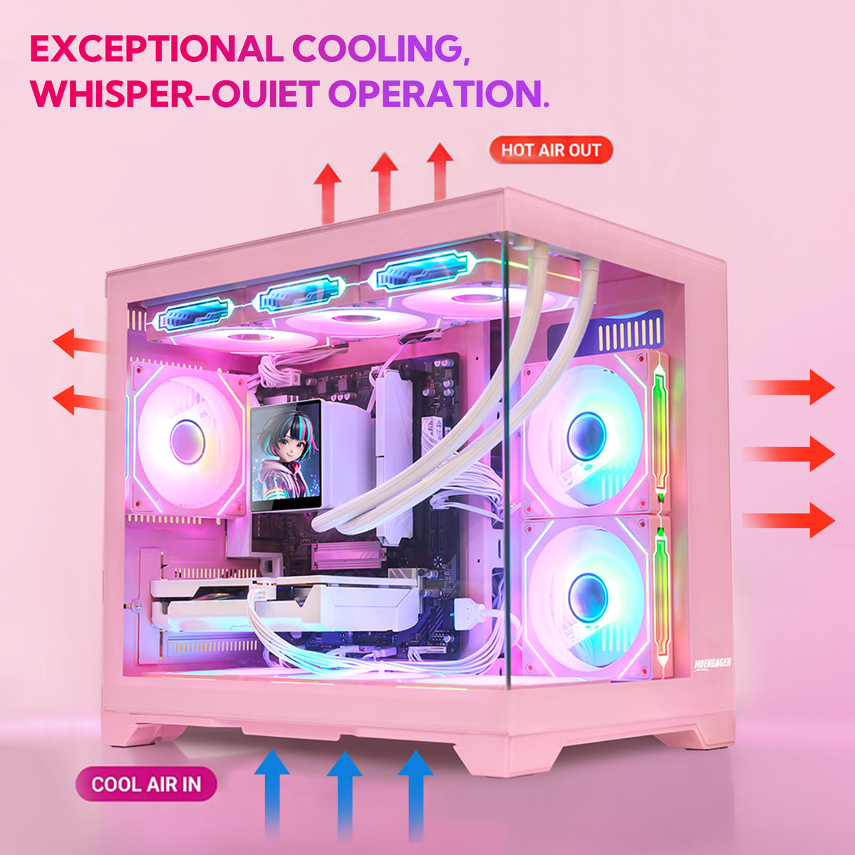 Hoengager Macaron gaming desktop computer promotional cooling diagram showing optimized airflow, exceptional cooling, and whisper-quiet operation for Ryzen 9600X and Radeon RX 9070 XT system.