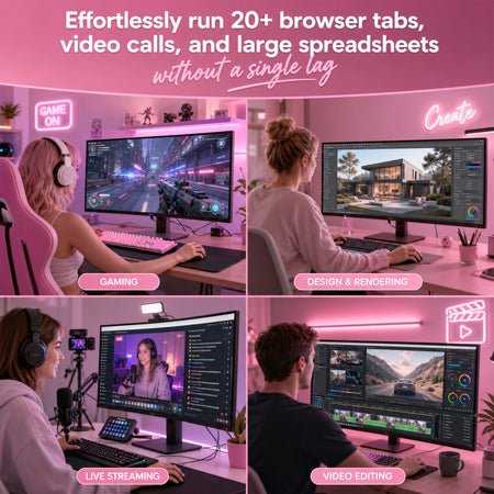 Hoengager Macaron pink gaming PC multi-use scenario graphic highlighting gaming, design and rendering, live streaming, and video editing capabilities powered by Ryzen 9600X and Radeon RX 9070 XT .