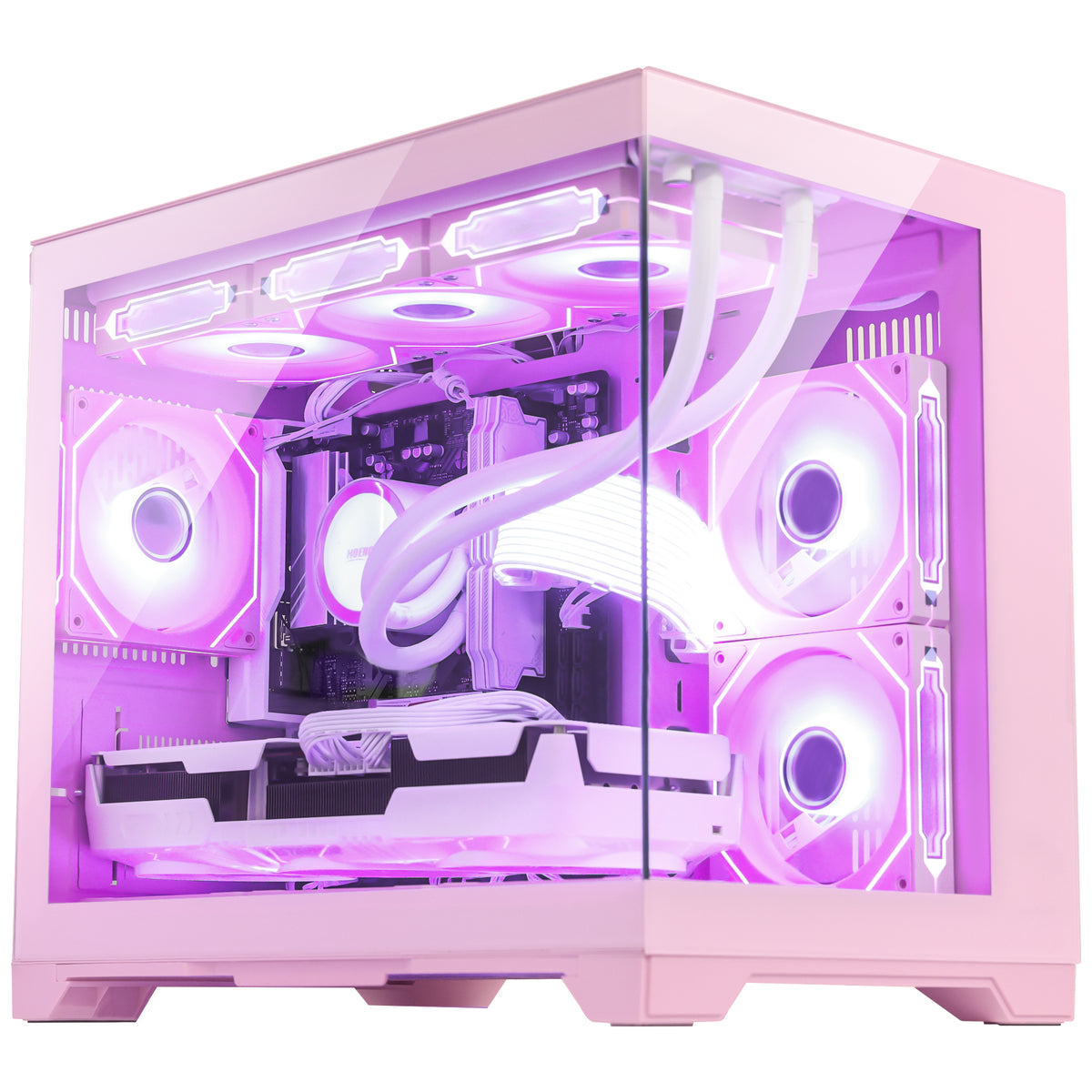 Hoengager Pink Gaming PC with panoramic dual-chamber tempered glass case - Side angle view