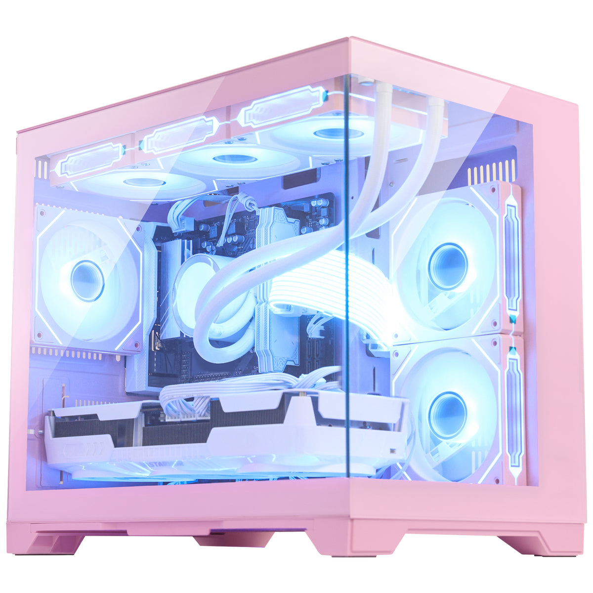 Hoengager Gaming PC Pink Interior close-up of Hoengager Pink Gaming PC showing white AIO CPU liquid cooler and RGB RAM