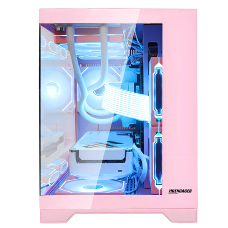 Hoengager Pink Gaming Desktop PC with ARGB lighting illuminated through tempered glass