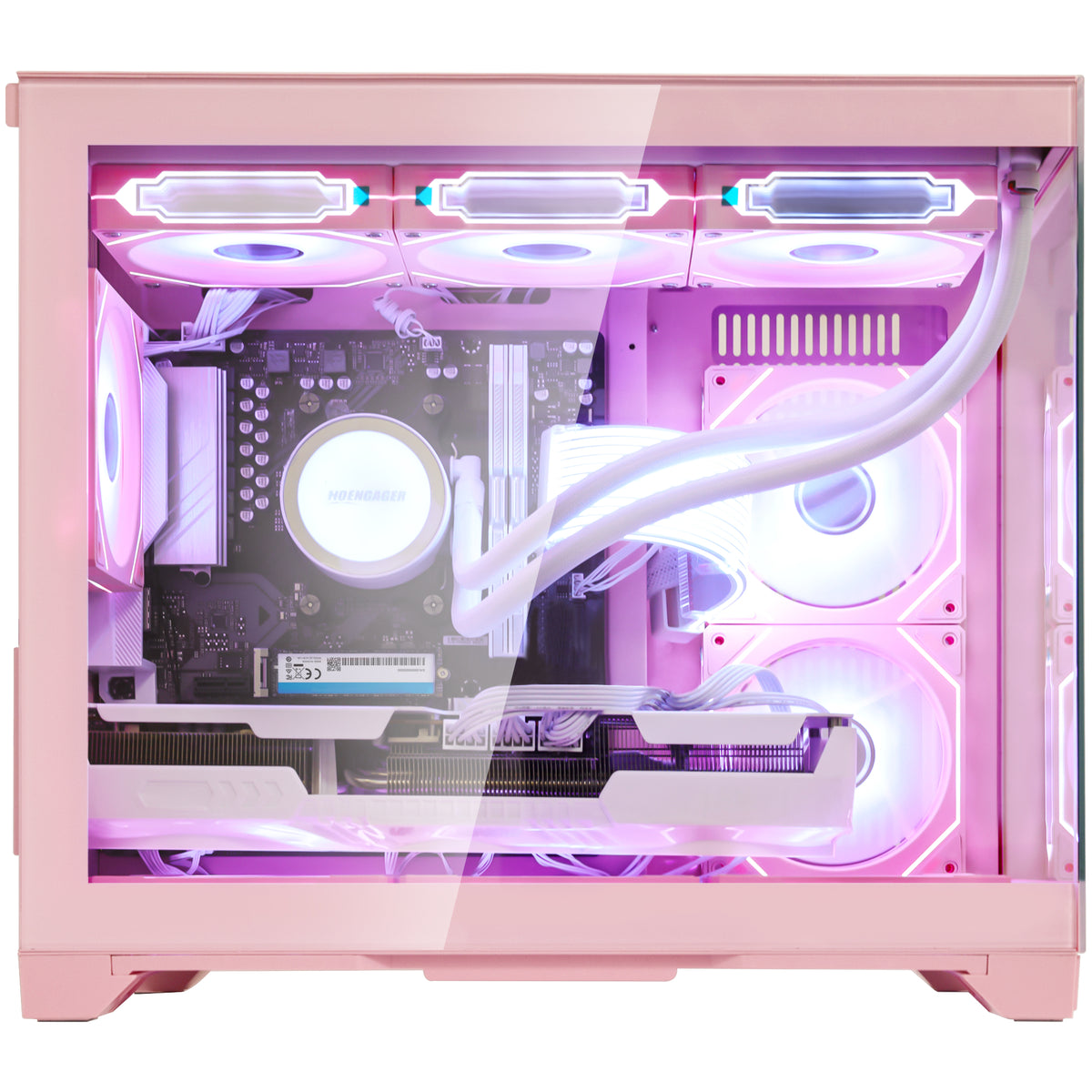 Hoengager Gaming PC Pink Close-up of infinite-mirror ARGB cooling fans inside the Hoengager pink desktop case