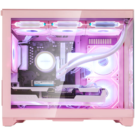 Hoengager Gaming PC Pink Close-up of infinite-mirror ARGB cooling fans inside the Hoengager pink desktop case