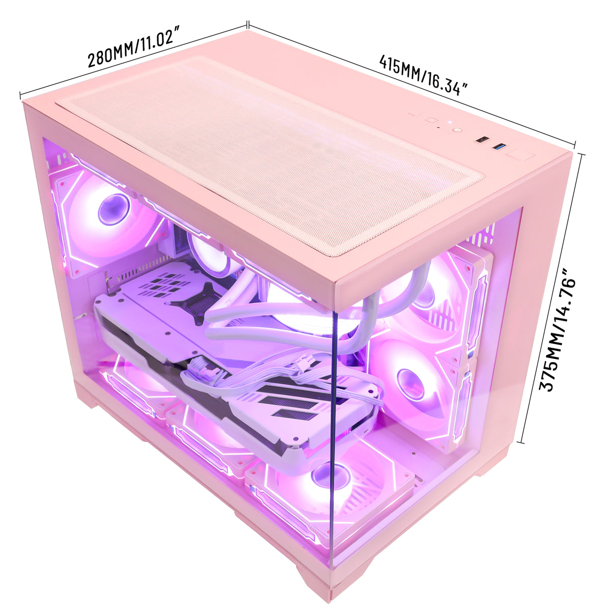 Hoengager Gaming PC Pink Dimension diagram of Hoengager pink PC case - 415mm length, 280mm width, and 375mm height