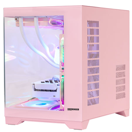 Hoengager Gaming PC Pink Side profile view of pink Hoengager PC chassis featuring dual tempered glass and side ventilation