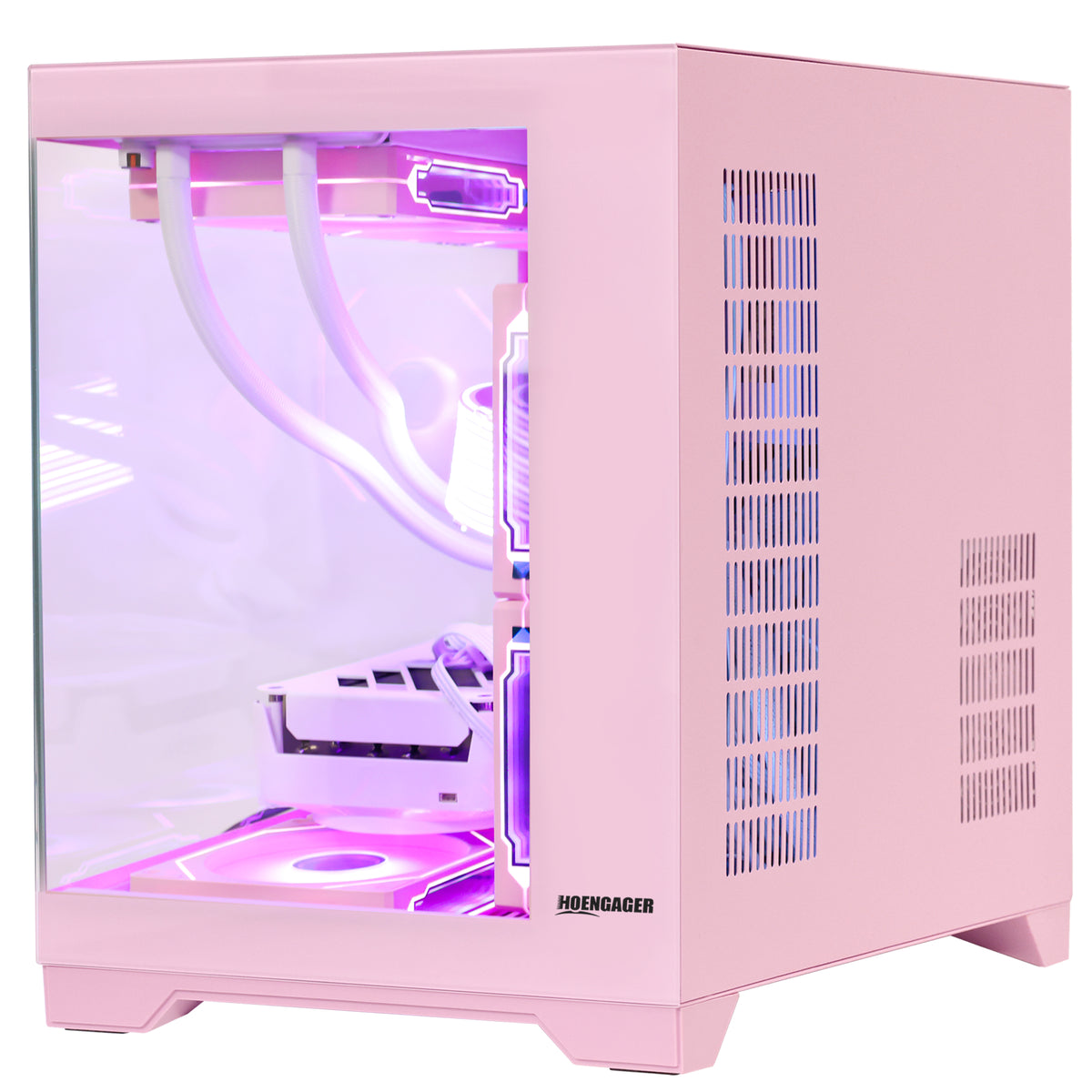 Hoengager Gaming PC Pink Side view of pink Hoengager PC case illuminated with purple ARGB interior lighting