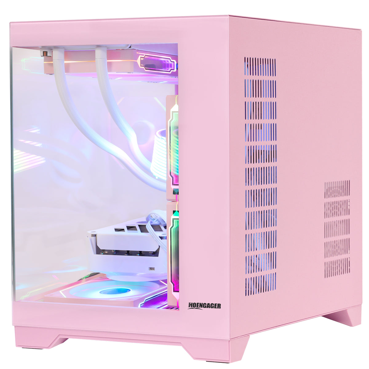 Hoengager Gaming PC Pink Side angle view of pink Hoengager gaming PC showcasing AIO liquid cooler and chassis fans