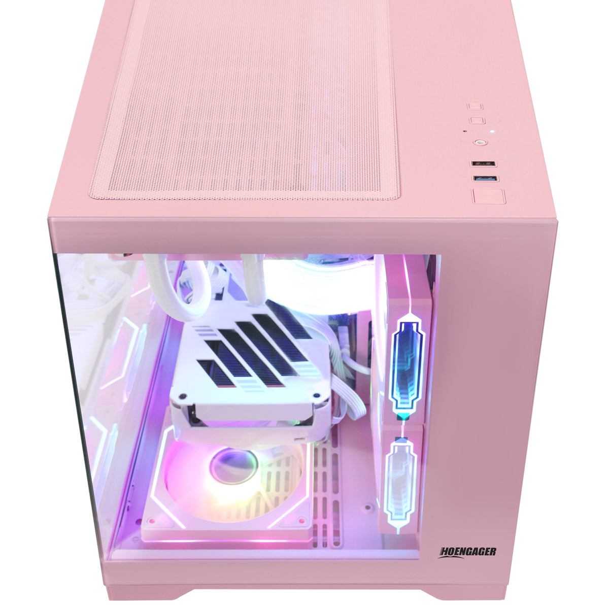Hoengager Gaming PC Pink Top-down perspective view of pink PC case highlighting top ventilation mesh and I/O ports