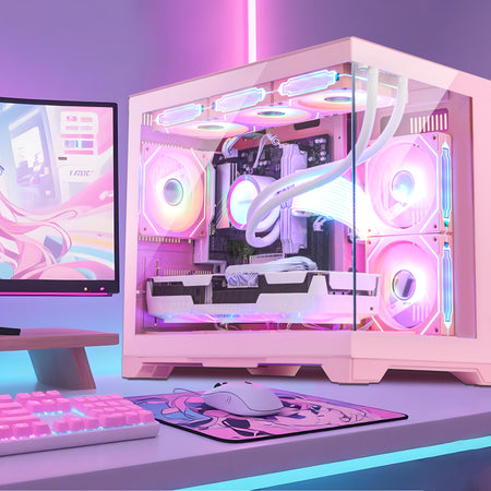 Hoengager Gaming PC Pink Complete gaming setup featuring Hoengager pink gaming PC, matching keyboard, mouse, and desk pad